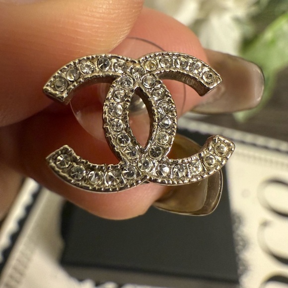 CHANEL Silver Crystal CC Classic Stud Earrings - Picture 3 of 9